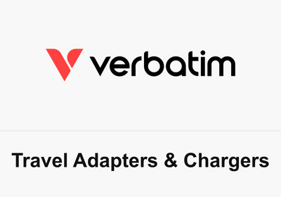 Red and black Verbatim logo above the caption Travel Adapters & Chargers on white