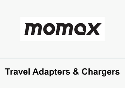 Black Momax wordmark above “Travel Adapters & Chargers” on a white background