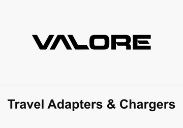 Black VALORE wordmark above the caption Travel Adapters & Chargers on white