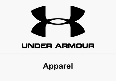 Black Under Armour symbol and wordmark above the caption Apparel on white