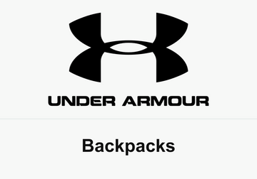 Black Under Armour symbol and wordmark above the caption Backpacks on white