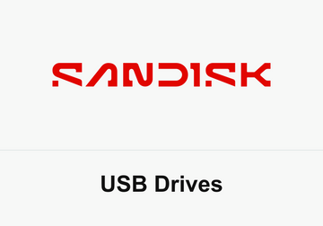 Red SanDisk wordmark above USB Drives text on white