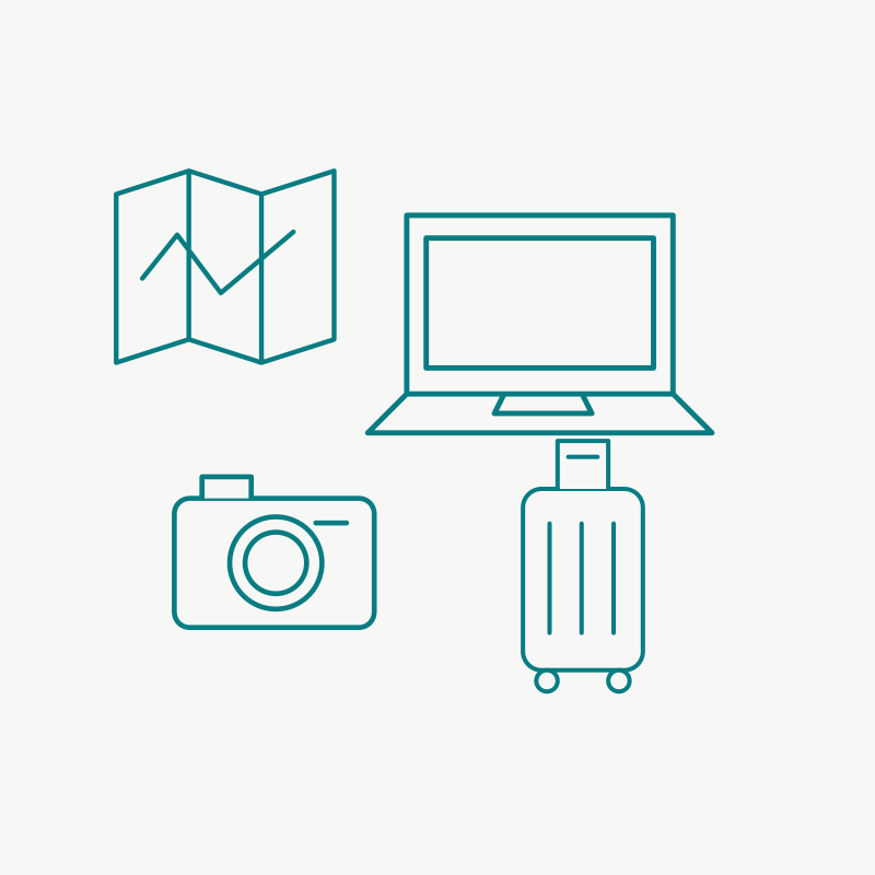 Travel Accessories collection featuring a map, laptop, camera, and preparation tools for a seamless journey.