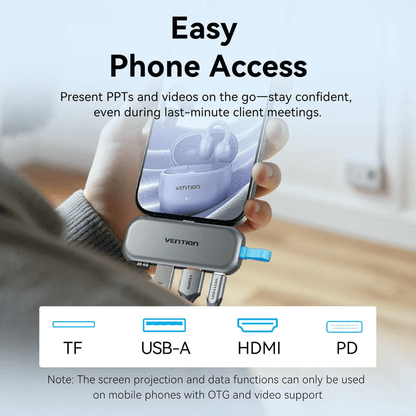 Vention 4-in-1 USB-C Cable-Free Docking Station for easy phone access and efficient presentations.
