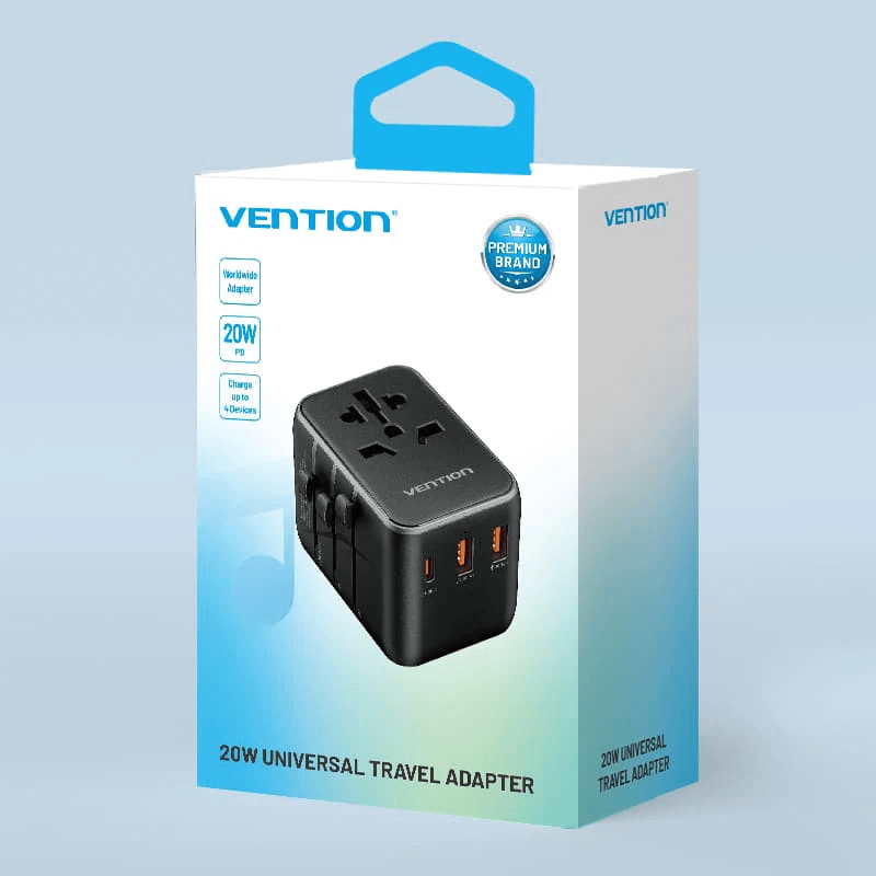 Vention 3-Port USB (C+A+A) Universal Travel Adapter 20W packaging for international travel.
