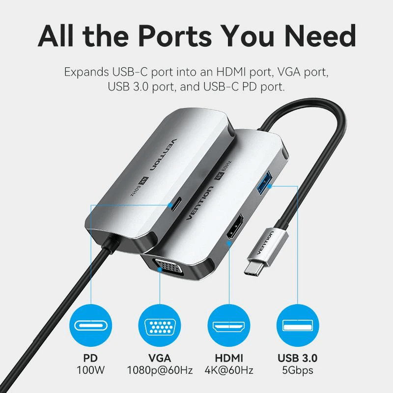 Vention 4-in-1 USB-C Hub with multiple ports for HDMI, VGA, and USB connections, perfect as a corporate gift.