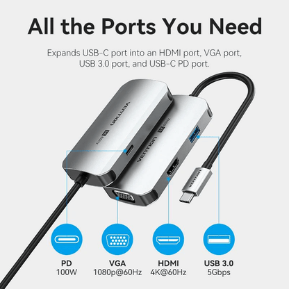 Vention 4-in-1 USB-C Hub with multiple ports for HDMI, VGA, and USB connections, perfect as a corporate gift.