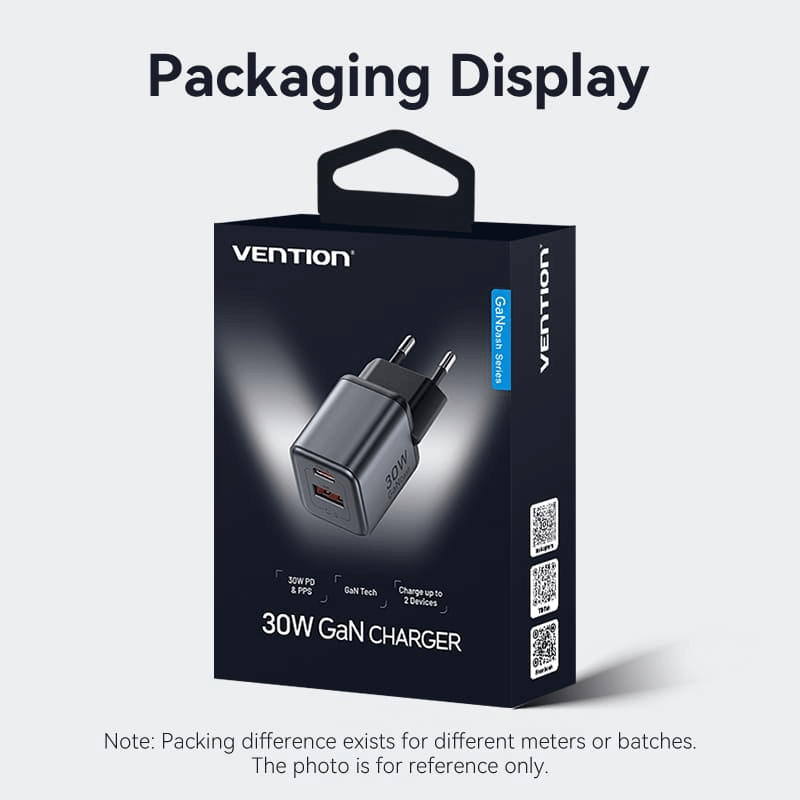 Vention 2-Port USB (C+A) GaN Charger 30W packaging display with fast charging capabilities.