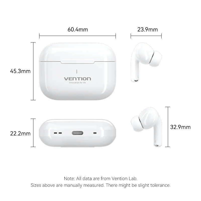 Vention True Wireless Bluetooth Earbuds Echo Lite E11 size specifications with dimensions and charging case.