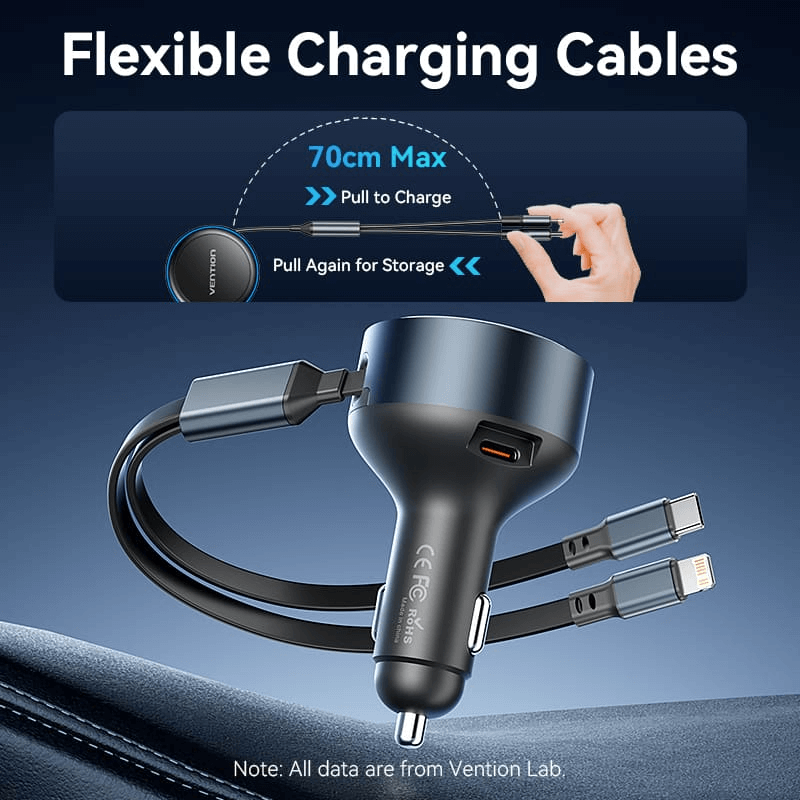 Vention Car Charger with Built-In Cable 30W showcasing flexible charging cables for efficient on-the-go charging.
