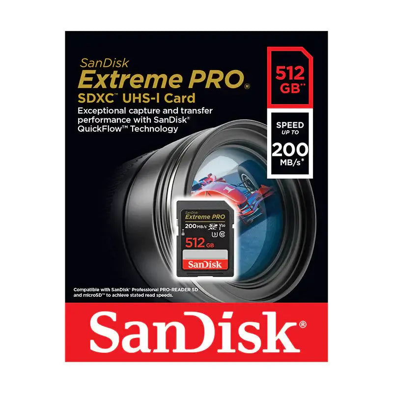 SanDisk Extreme PRO SDXC QuickFlow UHS-I 512GB memory card packaging showing speed up to 200MB/s.