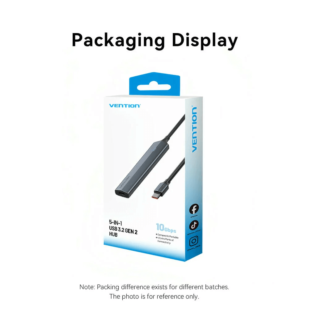Vention 5-in-1 USB 3.2 Gen 2 Hub packaging display with USB ports and connection details.