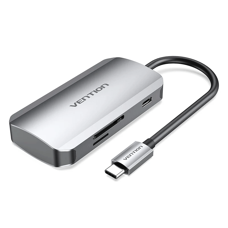 Vention 6-in-1 USB-C Hub showcasing its sleek design, dual-slot card reader, and USB-C connectivity for fast data transfer.