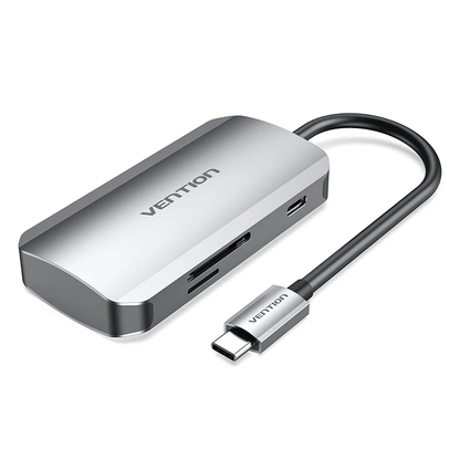 Vention 6-in-1 USB-C Hub showcasing its sleek design, dual-slot card reader, and USB-C connectivity for fast data transfer.