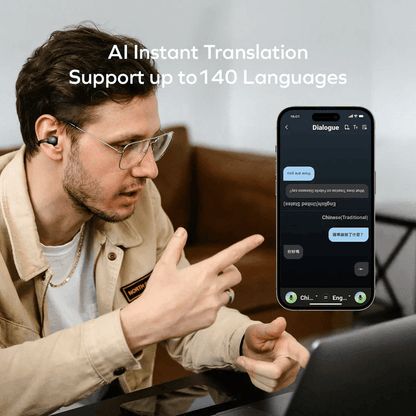 Momax 1-Vibe Clip M.IN.D AI ENC Clip-On Earbuds in use, showcasing AI translation feature with mobile app.