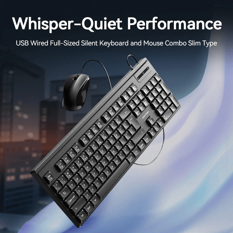 Vention USB Wired Full-Sized Silent Slim Keyboard and Mouse Combo showcasing whisper-quiet performance.