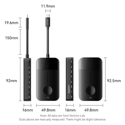 Vention Wireless USB-C to HDMI™ Transmitter and Receiver dimensions displayed with TX and RX units.