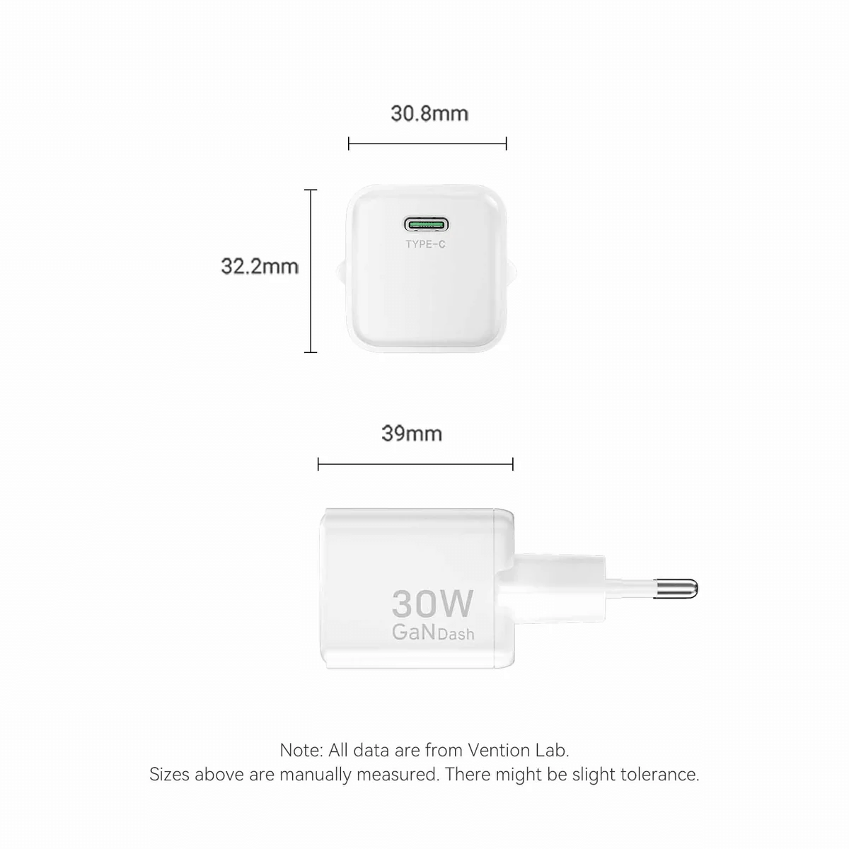 Vention 1-Port GaN Charger (30W) dimensions showing compact size and Type-C port for efficient charging.