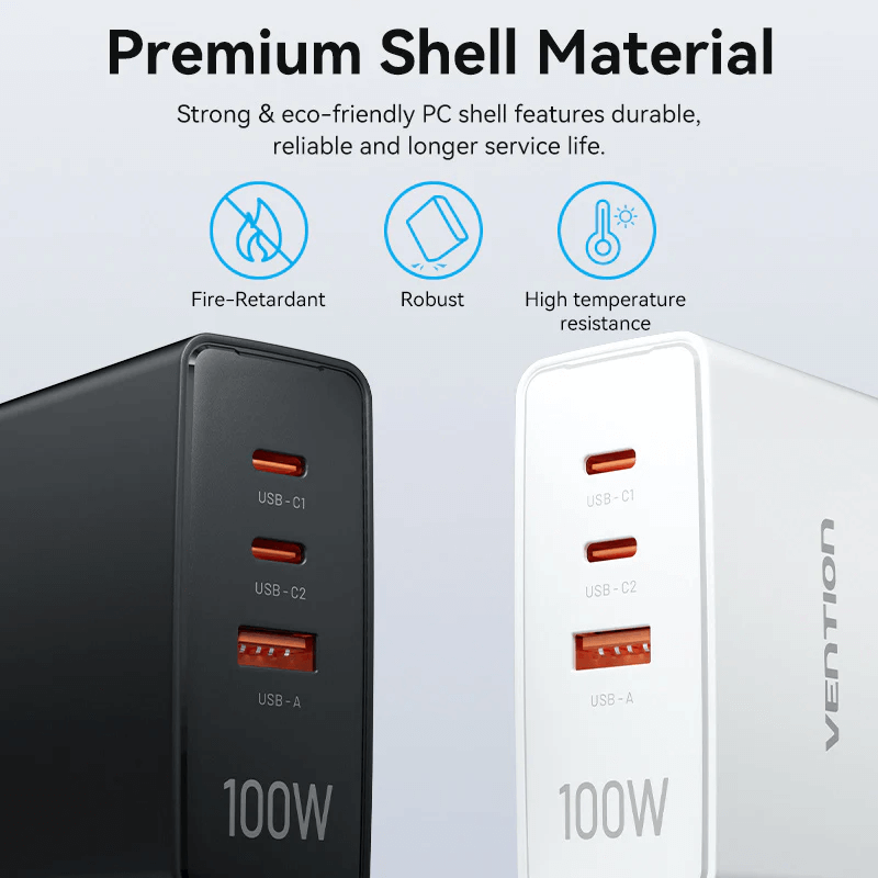 Vention 3-Port USB (C+C+A) GaN Charger 100W showing premium shell material for durability and performance.