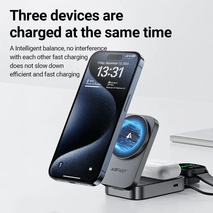 Acefast Desktop 3-in-1 Wireless Charger charging three devices simultaneously in a compact design