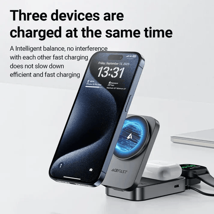 Acefast Desktop 3-in-1 Wireless Charger charging three devices simultaneously in a compact design