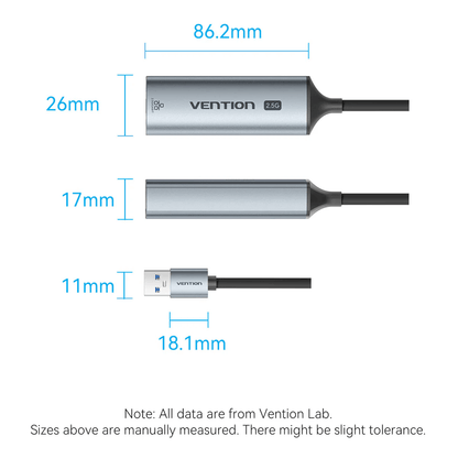 Vention USB-A to 2.5G Ethernet Adapter size specifications, showcasing dimensions and sleek design.