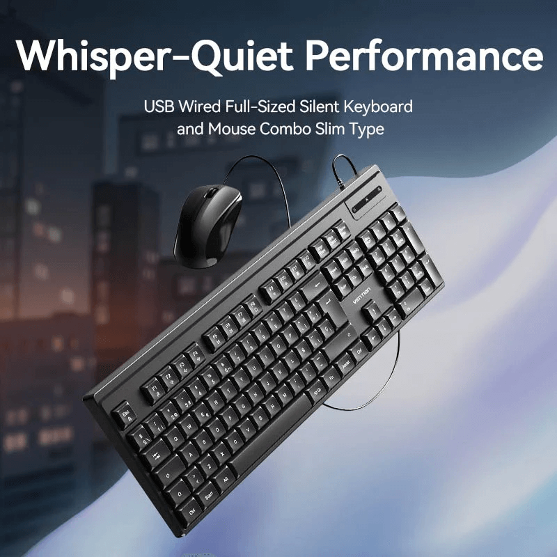 Vention USB Wired Full-Sized Silent Keyboard and Mouse Combo with whisper-quiet performance for seamless productivity.