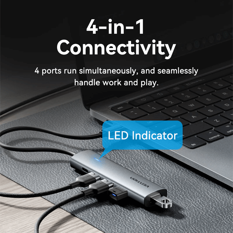Vention 5-in-1 USB-C Hub showcasing 4-in-1 connectivity with LED indicator for seamless work and play.