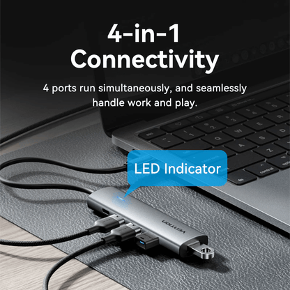 Vention 5-in-1 USB-C Hub showcasing 4-in-1 connectivity with LED indicator for seamless work and play.