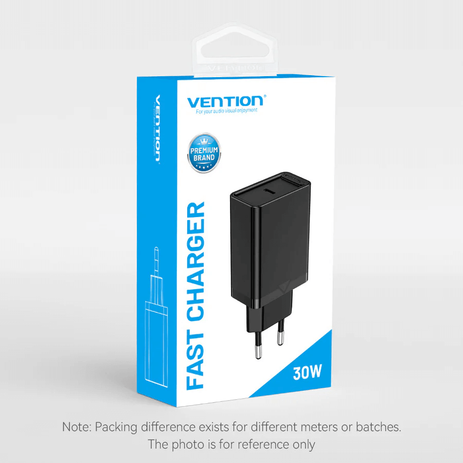 Vention 1-Port USB-C Wall Charger 30W in packaging, showing fast charging capabilities and GaN technology.