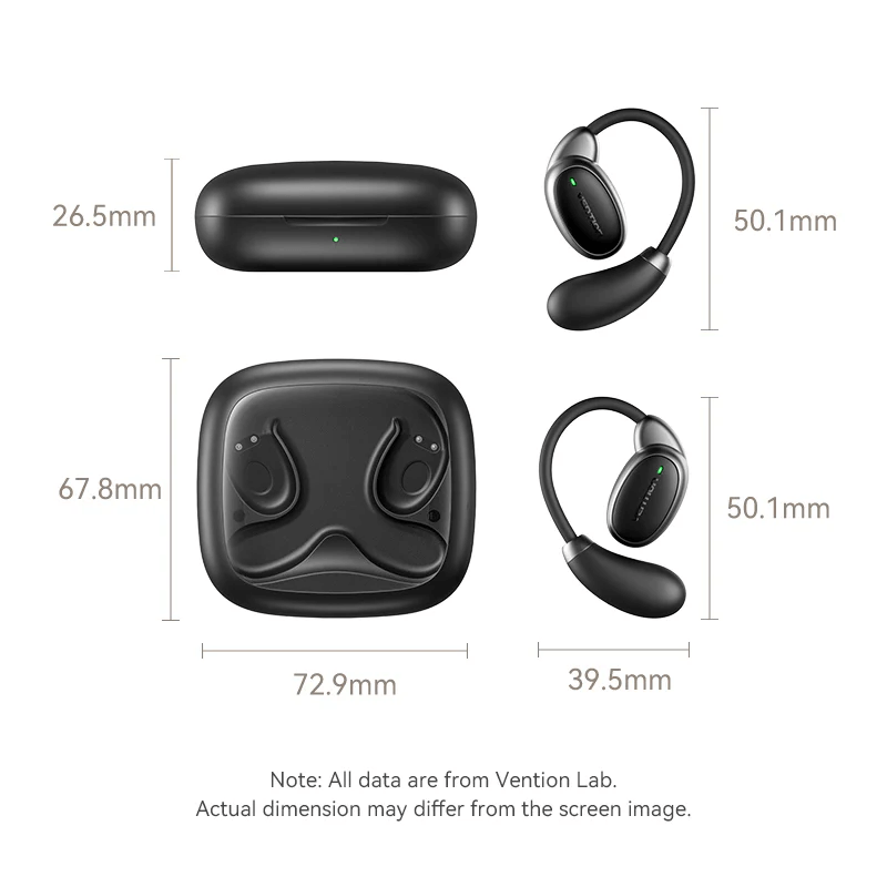 Vention Wireless Bluetooth Open Ear Headphones OpenBeat O15 dimensions and charging case view.