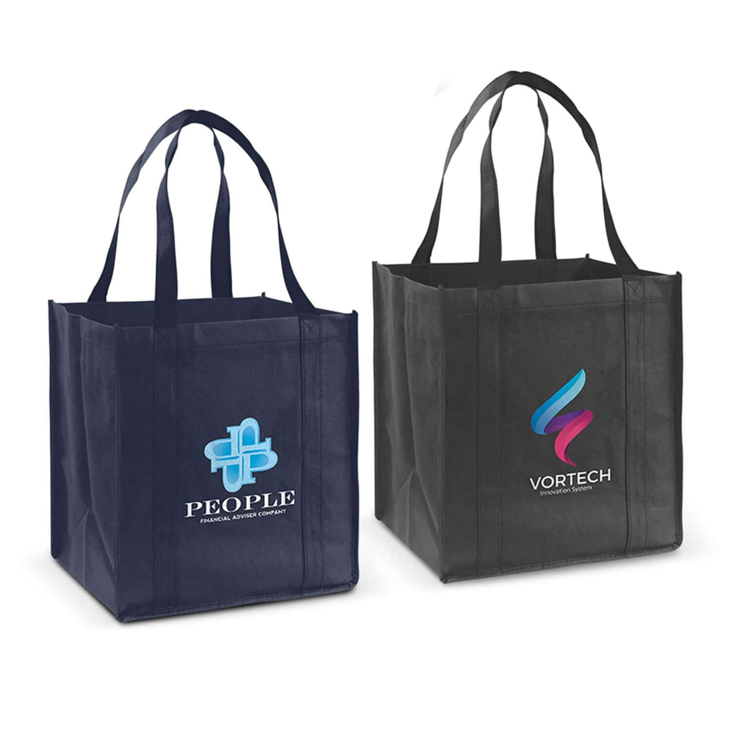 Super Shopper Tote Bag in navy and black featuring company logos, ideal for shopping and corporate gifts.