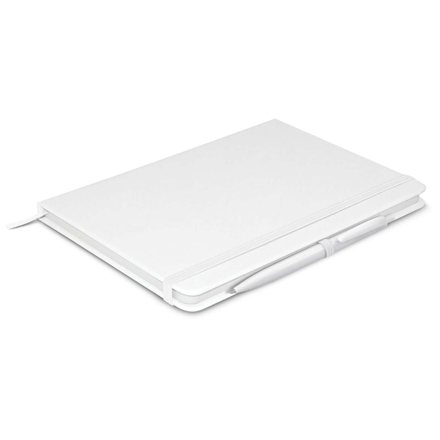 Omega Notebook With Pen in white with elastic closure and matching pen, perfect for corporate gift.