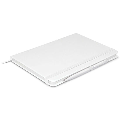 Omega Notebook With Pen in white with elastic closure and matching pen, perfect for corporate gift.