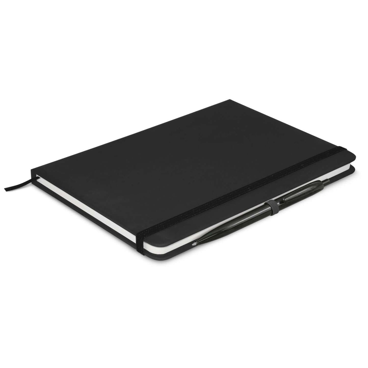 Omega Notebook With Pen on a flat surface with a black hard cover and pen attached.