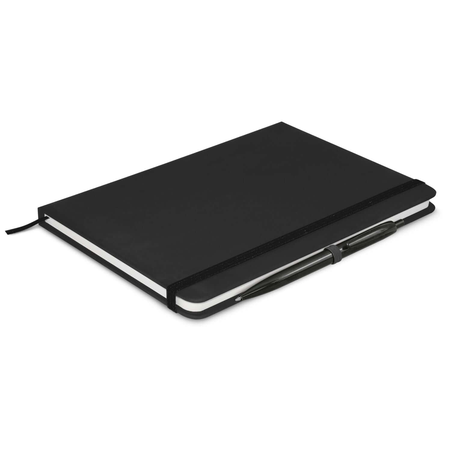 Omega Notebook With Pen on a flat surface with a black hard cover and pen attached.