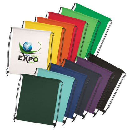 Tampa Drawstring Backpack in various colors with a logo, perfect for corporate gifts.