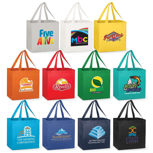 City Shopper Tote Bag collection in vibrant colors showcasing logos, perfect for eco-friendly shopping and corporate gifts.
