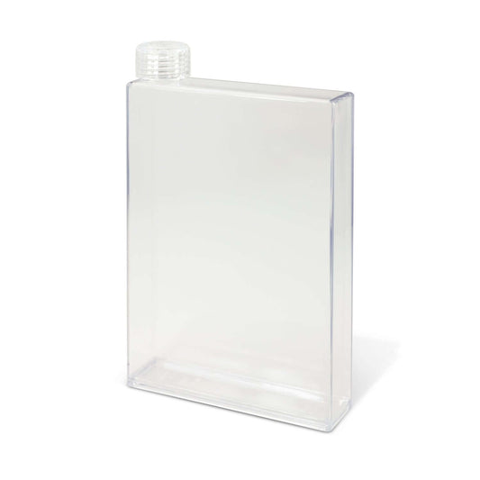 Notebook Water Bottle in clear polystyrene with screw-on lid, ideal corporate gift for modern lifestyles.