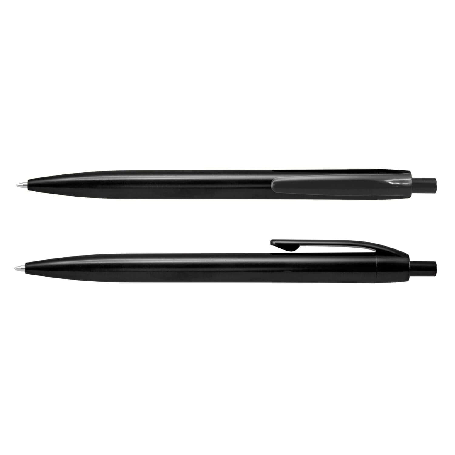 Omega PP Pen, a sleek black retractable plastic ballpoint pen ideal for corporate gifts.