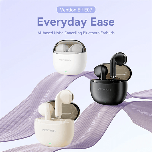 Vention True Wireless Bluetooth Earbuds Elf E07 in black and white with charging case for seamless audio experience.
