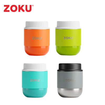 Zoku 10oz Neat Stack Food Jar in various colors including orange, green, blue, and gray.