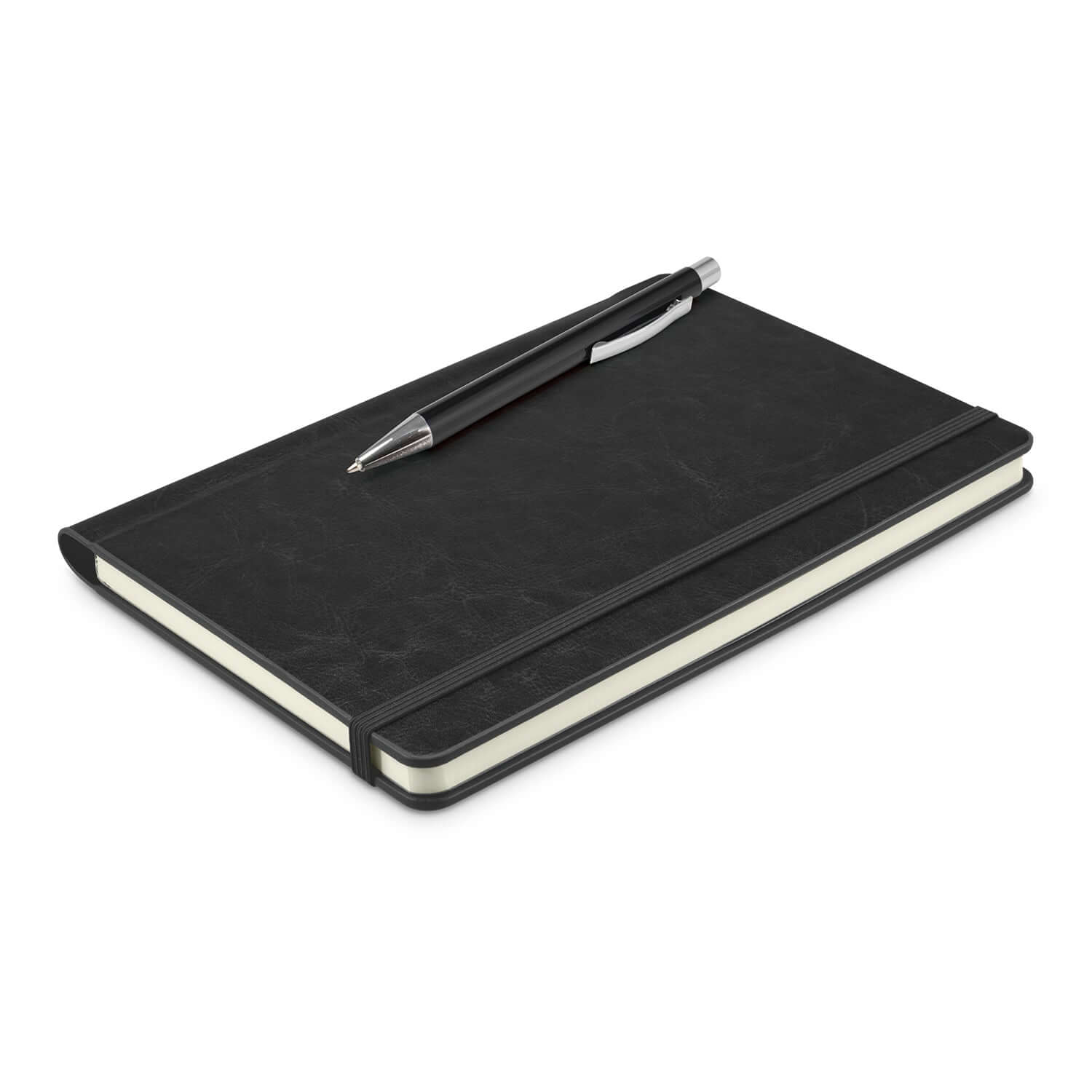 Rado Notebook with Pen placed on a flat surface, featuring a sleek black cover and a silver pen.