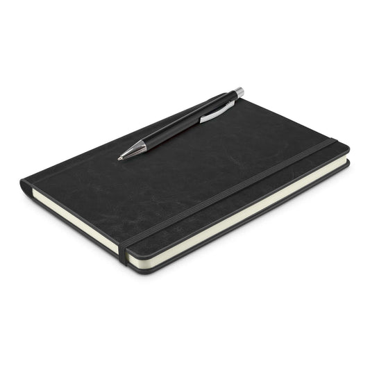 Rado Notebook with Pen placed on a flat surface, featuring a sleek black cover and a silver pen.