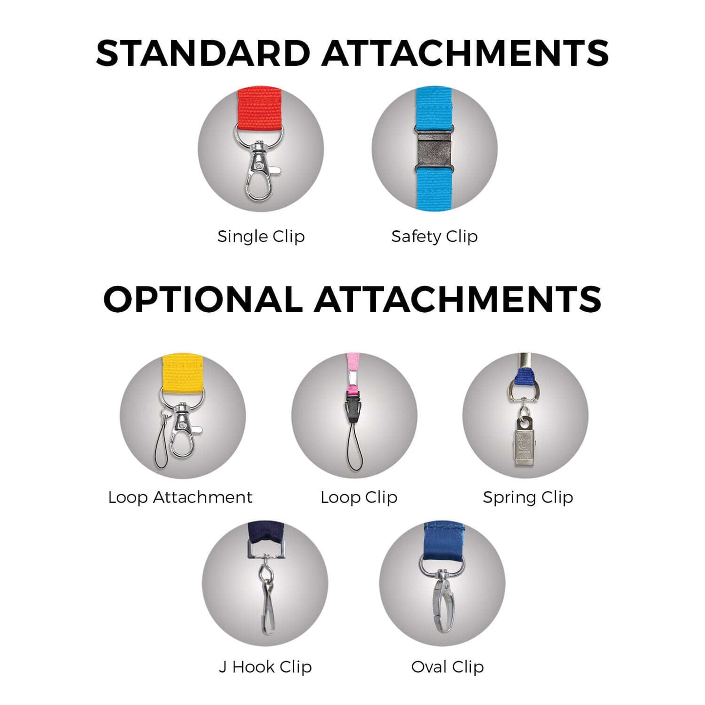 Bamboo Lanyard attachments including single clip, safety clip, loop attachment, loop clip, spring clip, J hook clip, and oval clip.