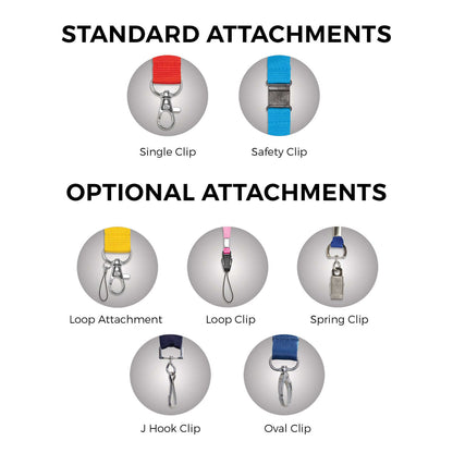 Bamboo Lanyard attachments including single clip, safety clip, loop attachment, loop clip, spring clip, J hook clip, and oval clip.