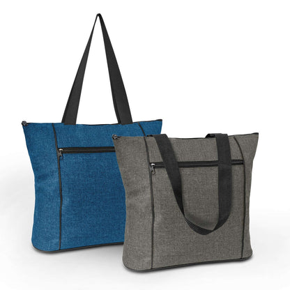 Avenue Elite Tote Bag in grey and blue, stylish with zippered pockets, perfect corporate gift.