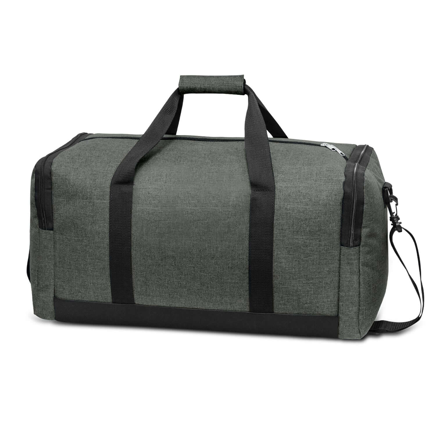 Milford Duffle Bag in heather finish with removable shoulder strap and two zippered pockets, perfect as a Corporate Gift.