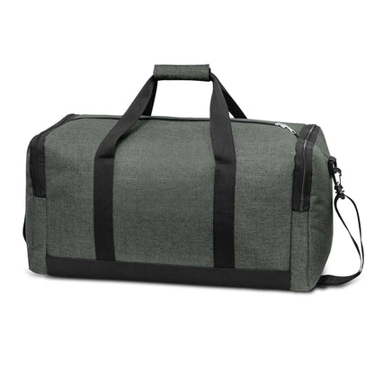 Milford Duffle Bag in heather finish with removable shoulder strap and two zippered pockets, perfect as a Corporate Gift.