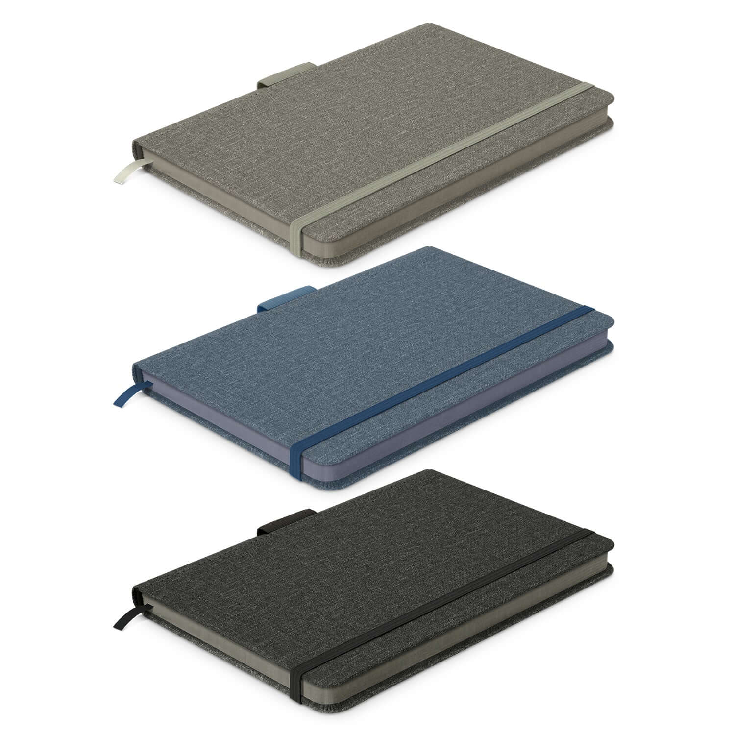 Meridian Notebook in three colors with textured covers and bookmarks, perfect as a corporate gift.